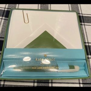 kate spade Pen & Notecard Set Gold Foil Paper clip And Green Lined Envelopes